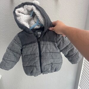 Baby Gap Gray Plaid Sherpa Lined Puffer Jacket Bear Ears Hood 12-18 Months